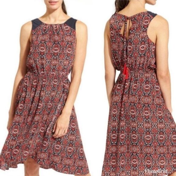 Athleta Printed Martinique Dress Tassel Faux Wrap Knee Length Red Women Medium - Picture 1 of 11